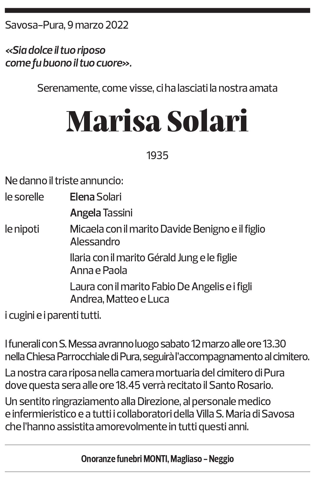 Annuncio funebre Marisa Solari