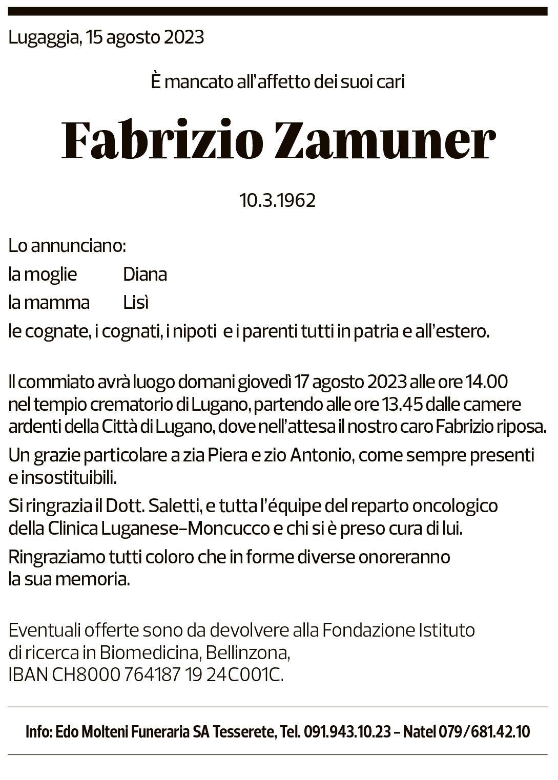 Annuncio funebre Fabrizio Zamuner