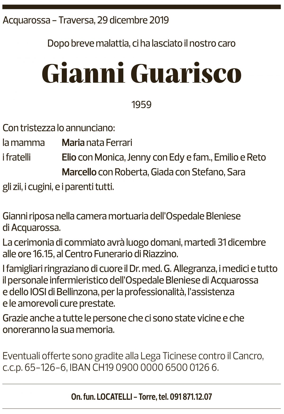 Annuncio funebre Gianni Guarisco
