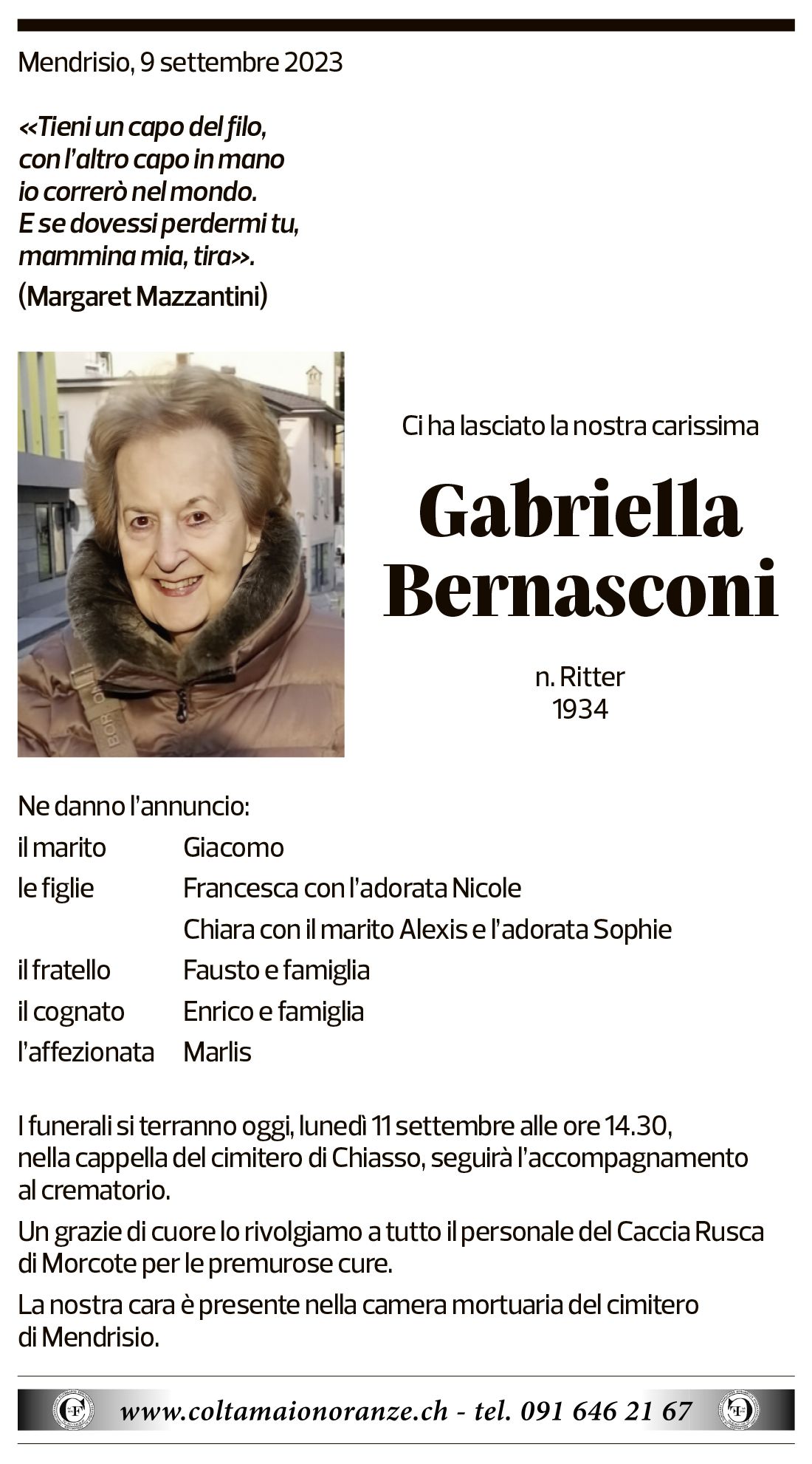 Annuncio funebre Gabriella Bernasconi