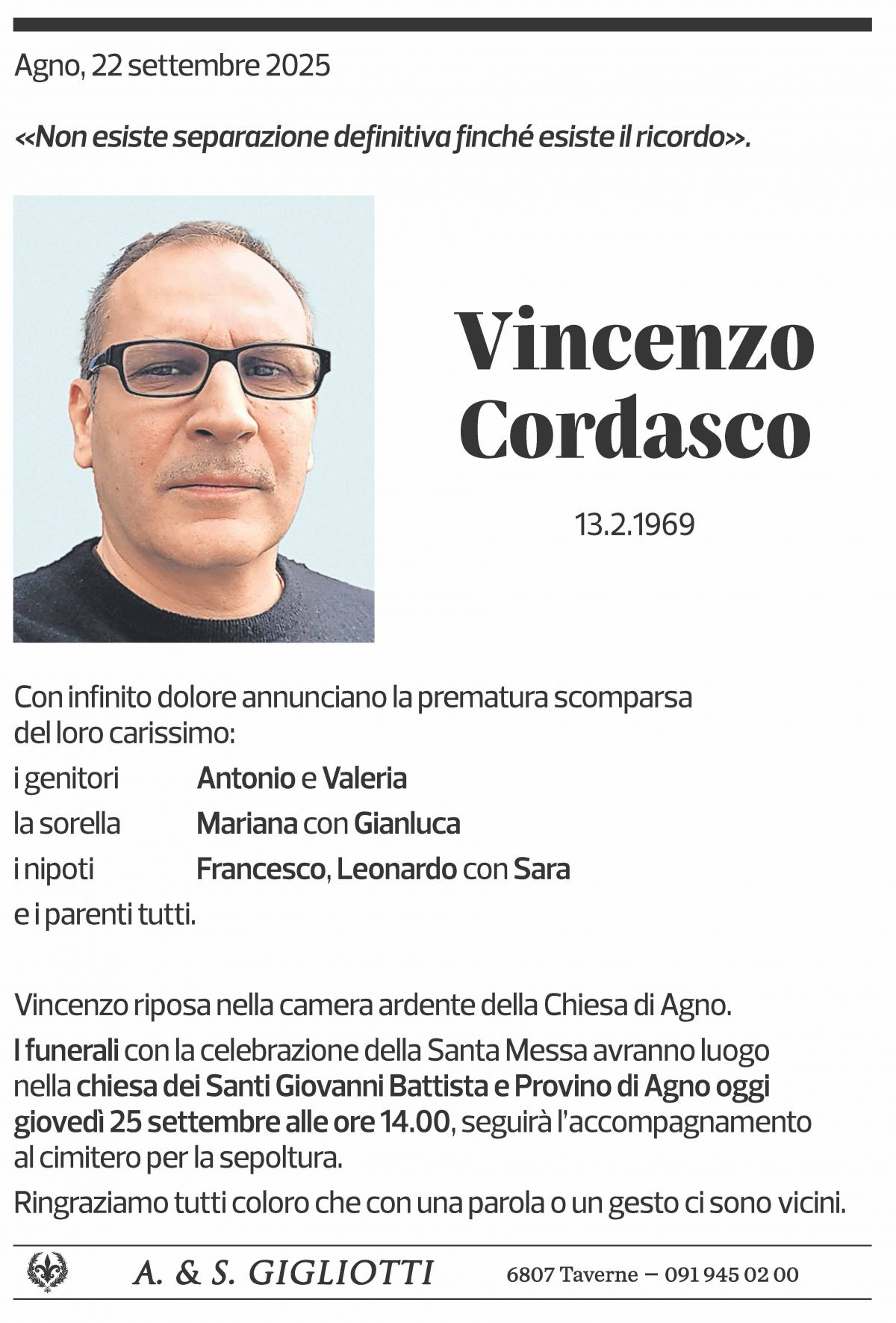 Annuncio funebre Vincenzo Cordasco