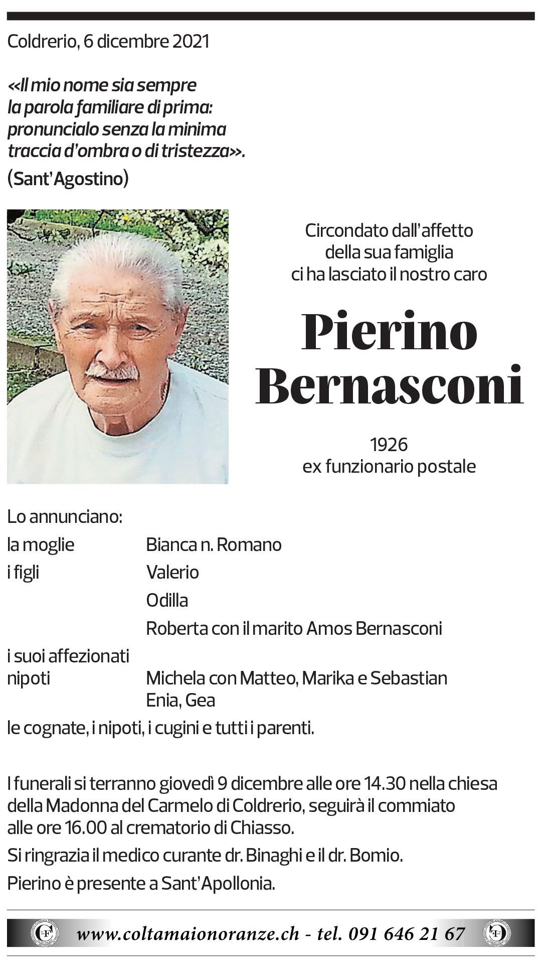 Annuncio funebre Pierino Bernasconi