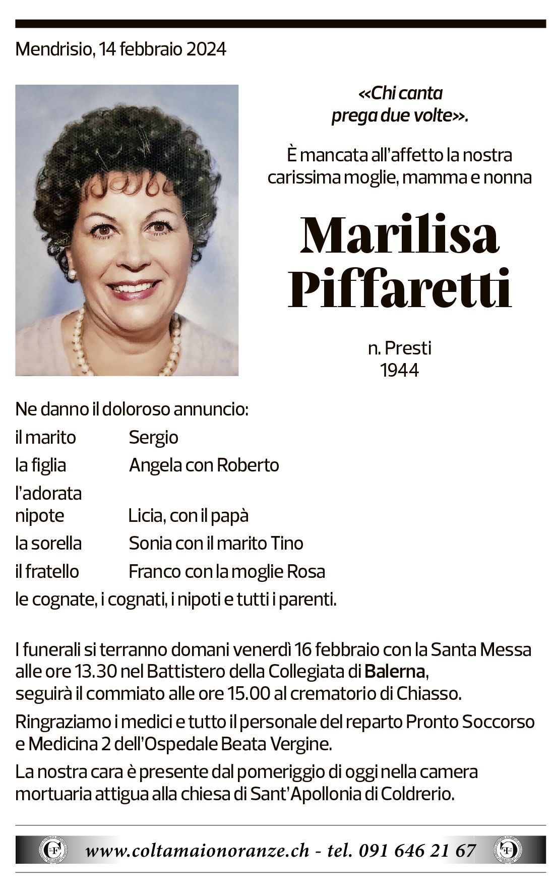 Annuncio funebre Marilisa Piffaretti