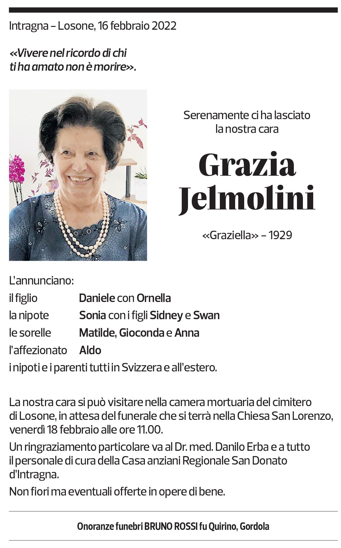 Annuncio funebre Grazia Jelmolini