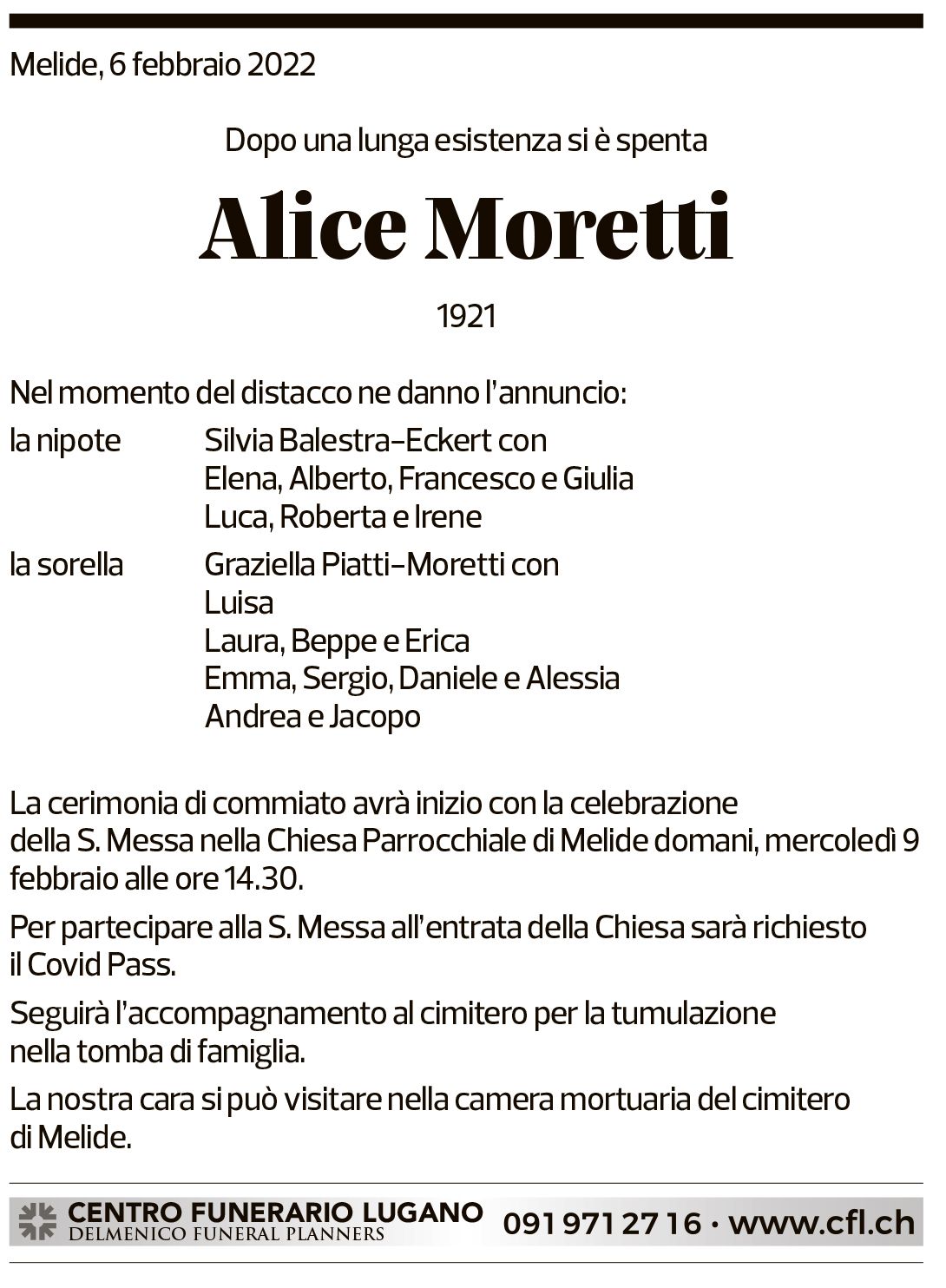 Annuncio funebre Alice Moretti