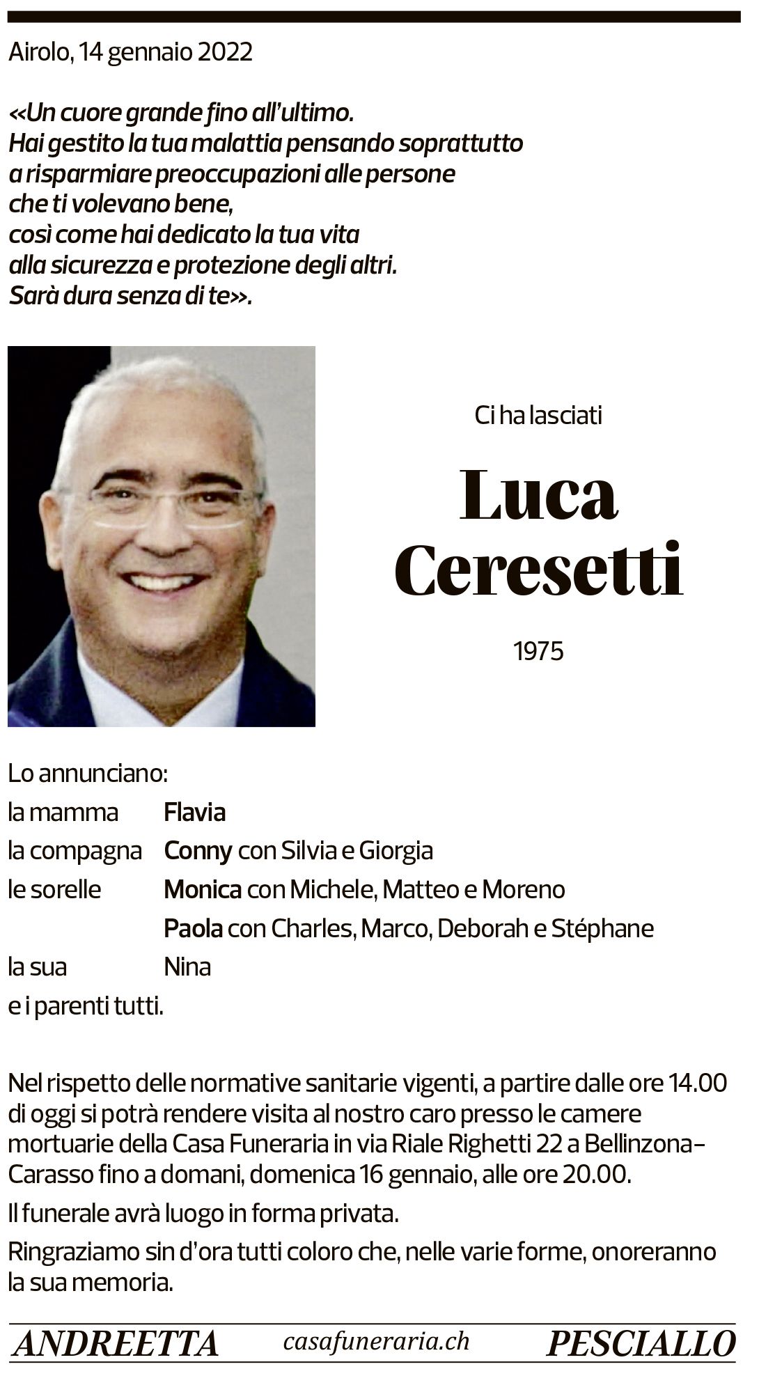 Annuncio funebre Luca Ceresetti