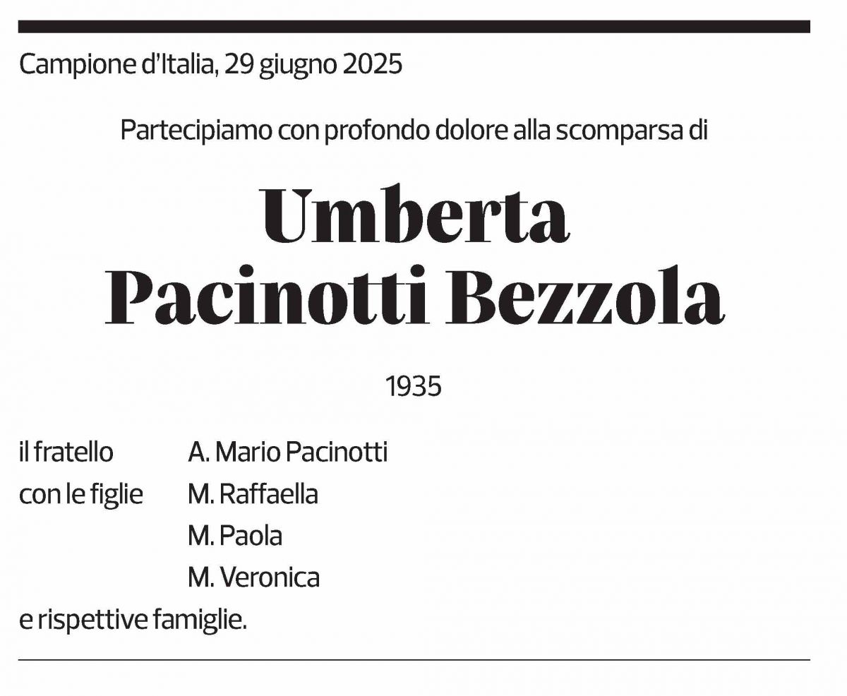Annuncio funebre Umberta Pacinotti Bezzola
