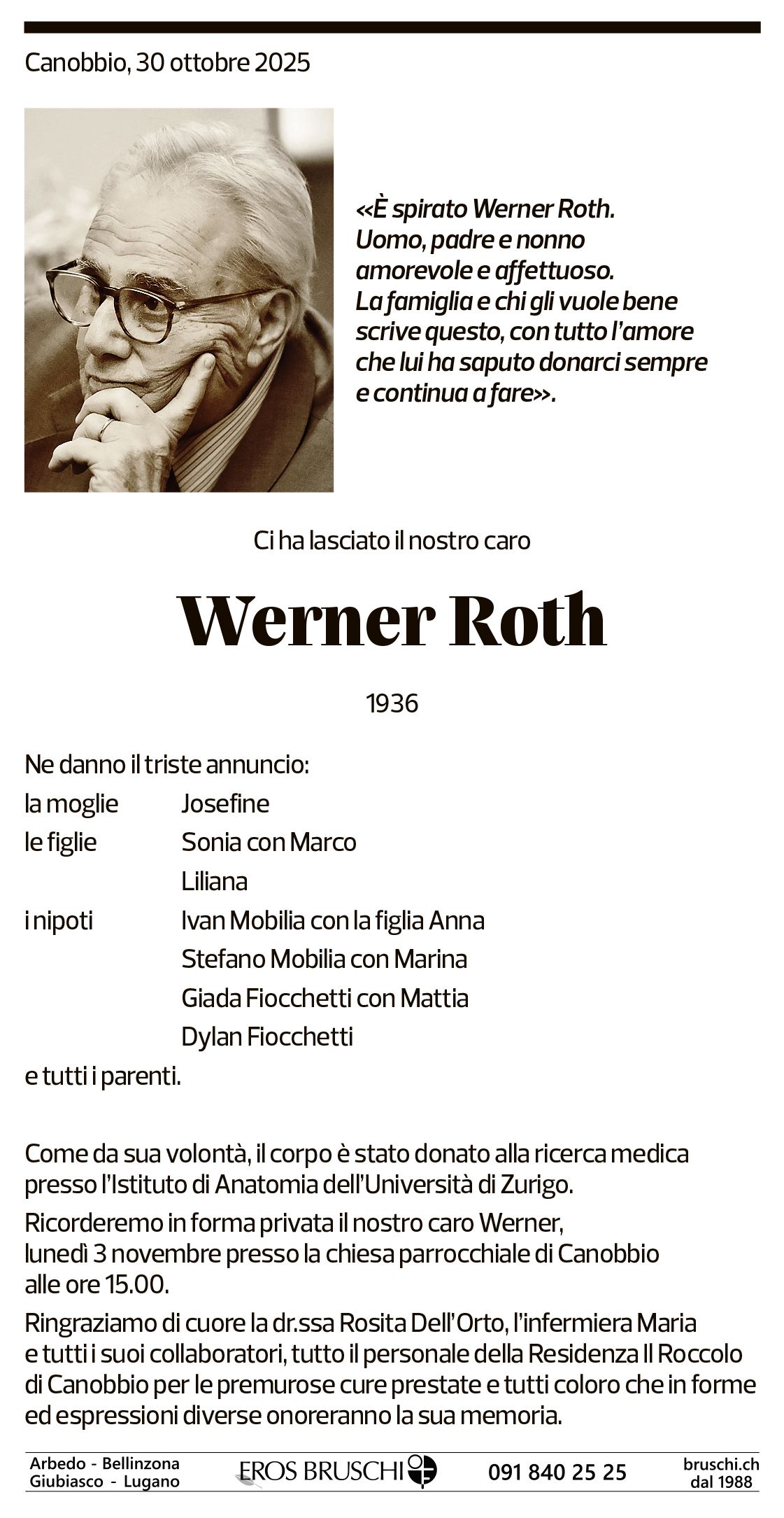 Annuncio funebre Werner Roth