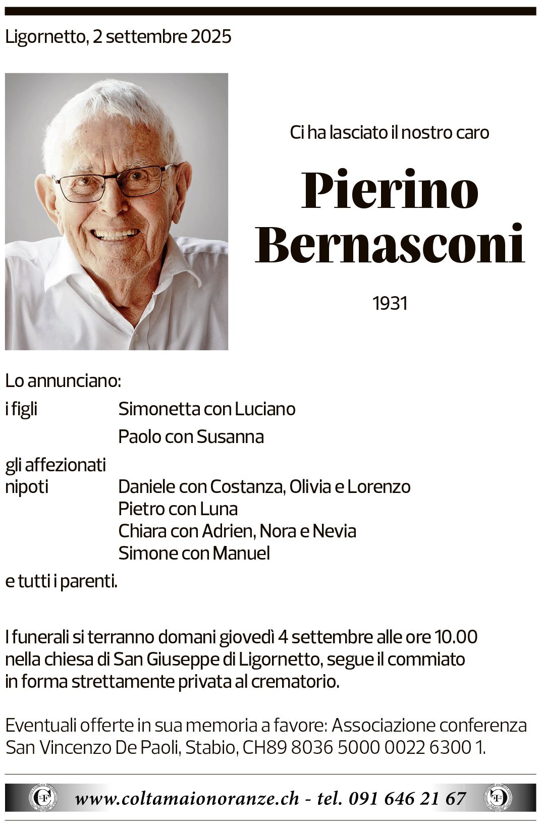 Annuncio funebre Pierino Bernasconi