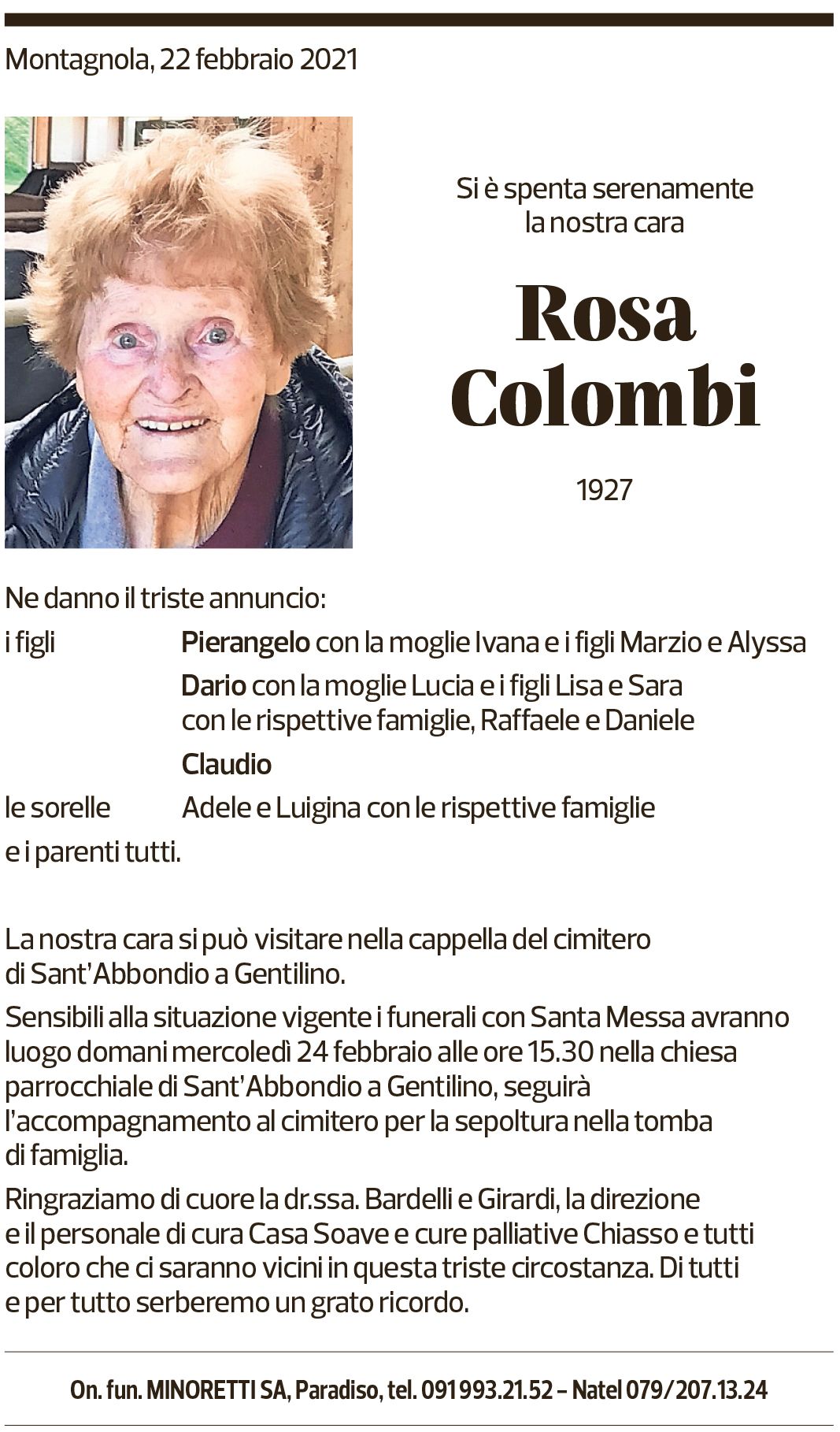 Annuncio funebre Rosa Colombi