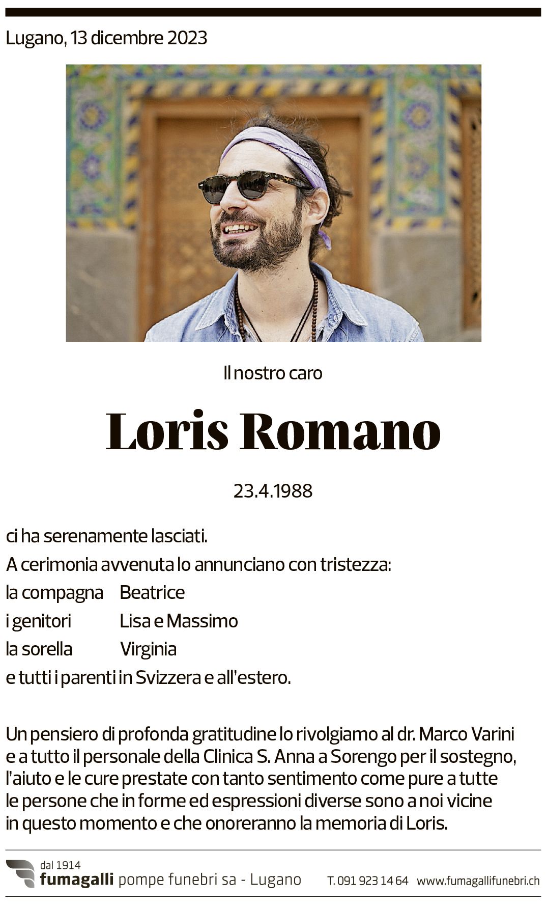 Annuncio funebre Loris Romano