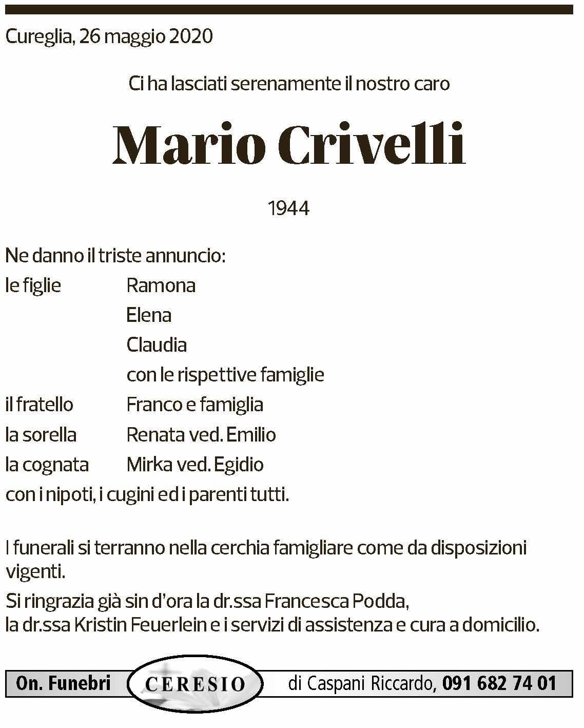 Annuncio funebre Mario Crivelli