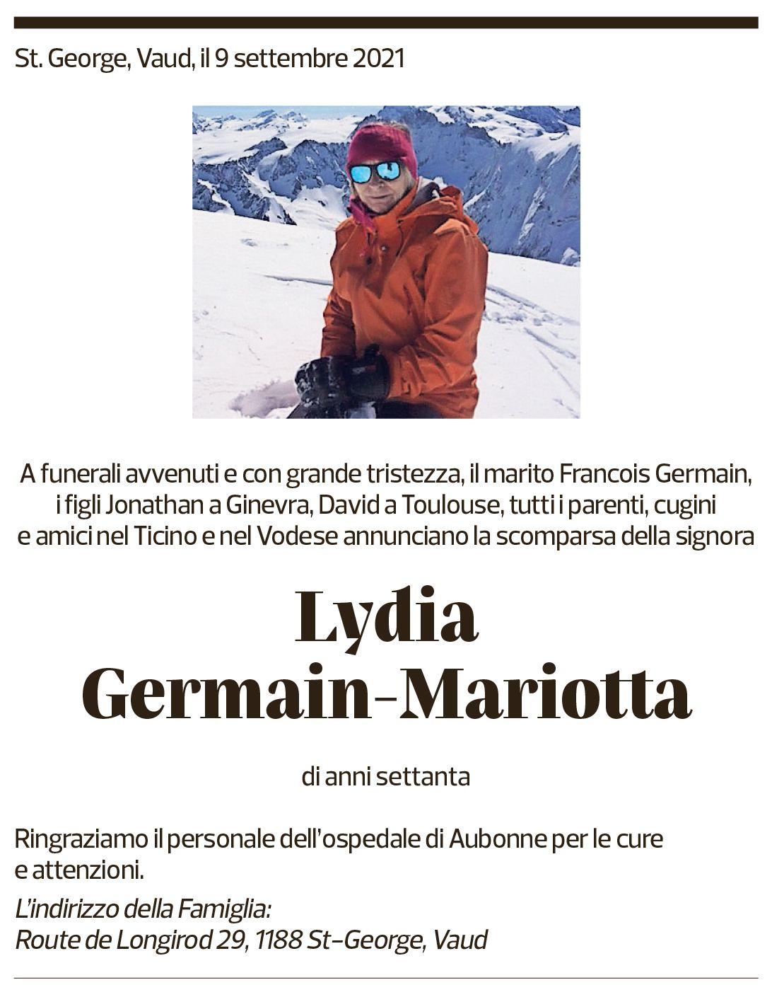 Annuncio funebre Lydia Germain-mariotta