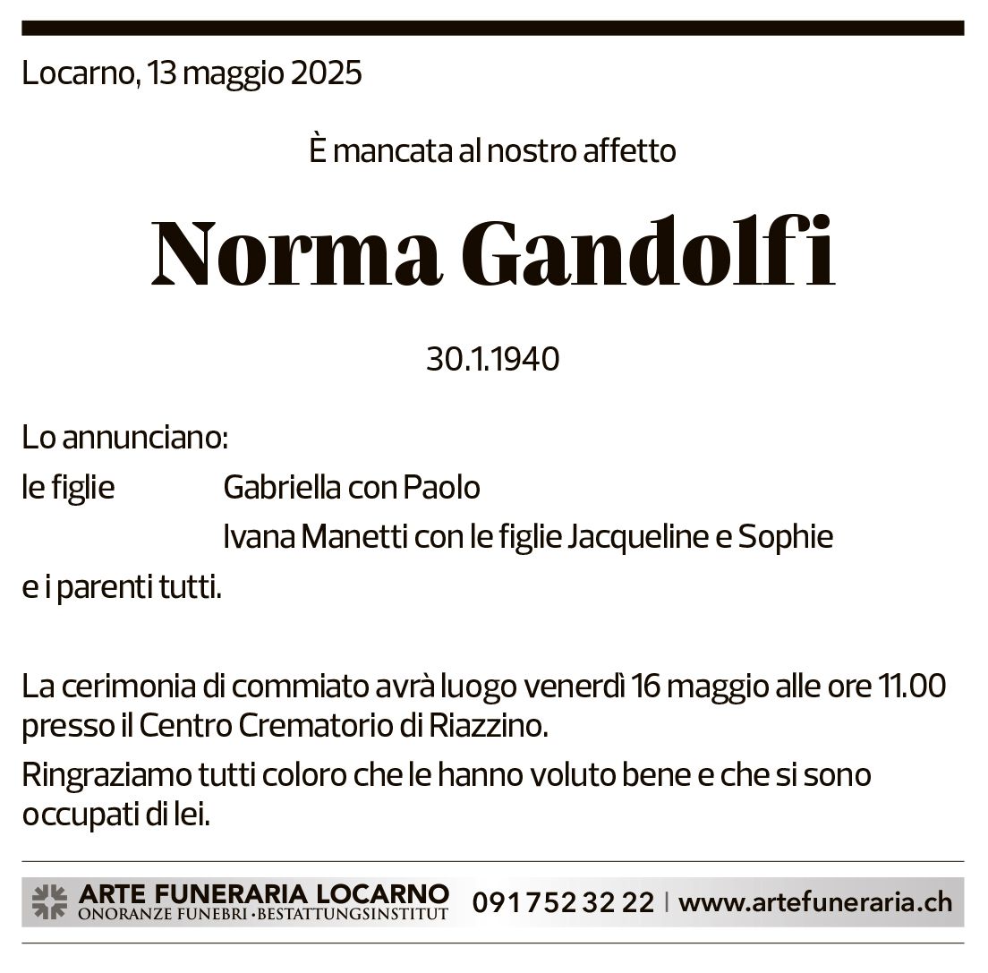 Annuncio funebre Norma Gandolfi