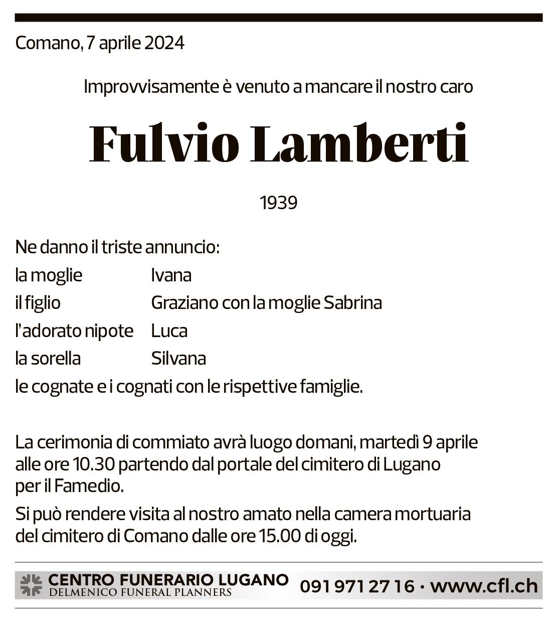 Annuncio funebre Fulvio Lamberti