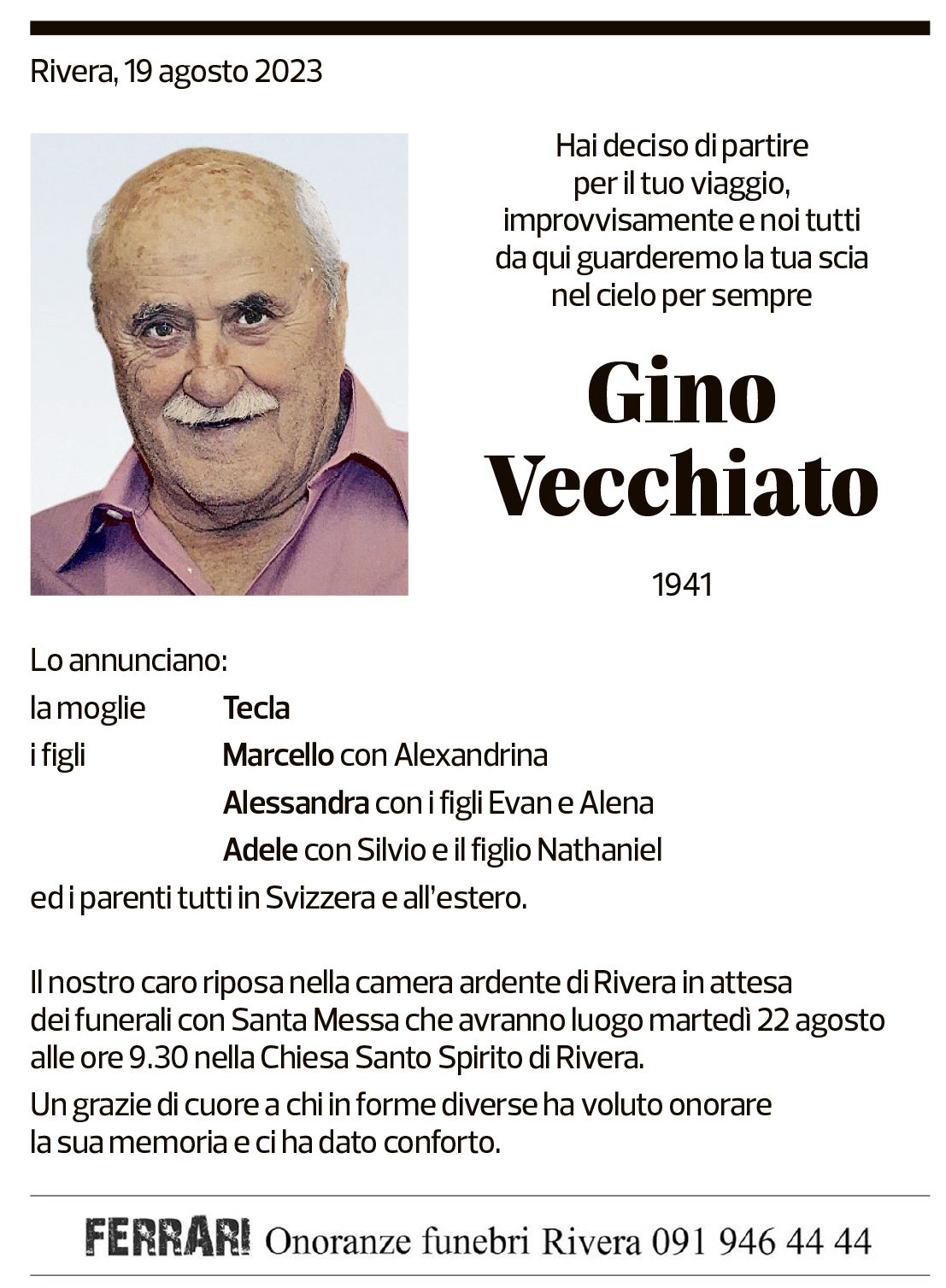 Annuncio funebre Gino Vecchiato