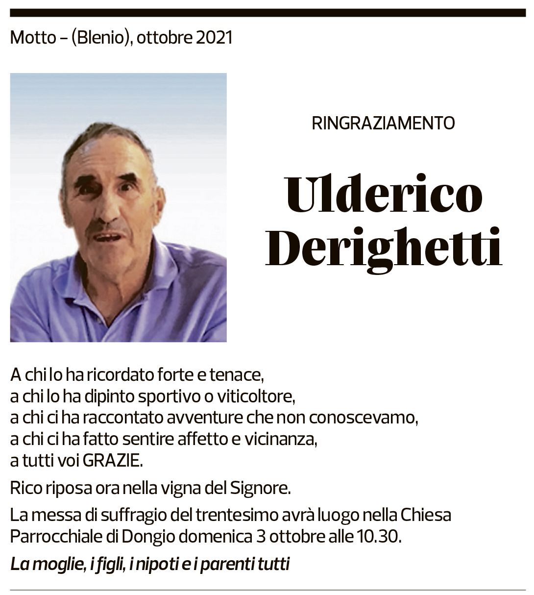 Annuncio funebre Ulderico Derighetti