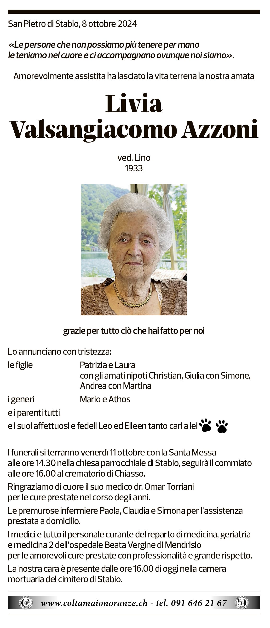 Annuncio funebre Livia Valsangiacomo Azzoni