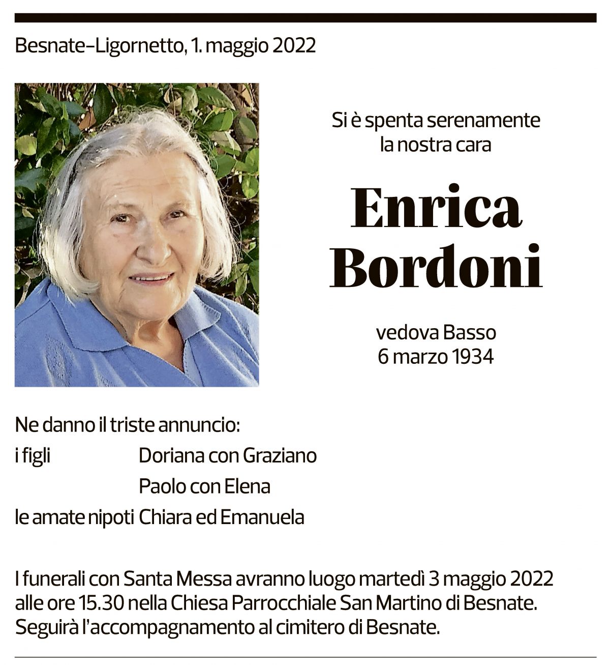 Annuncio funebre Erica Bordoni