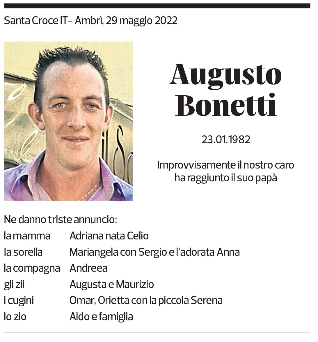 Annuncio funebre Augusto Bonetti