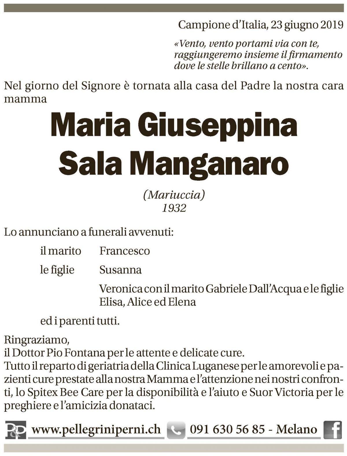 Annuncio funebre Maria Giuseppina Sala Manganaro