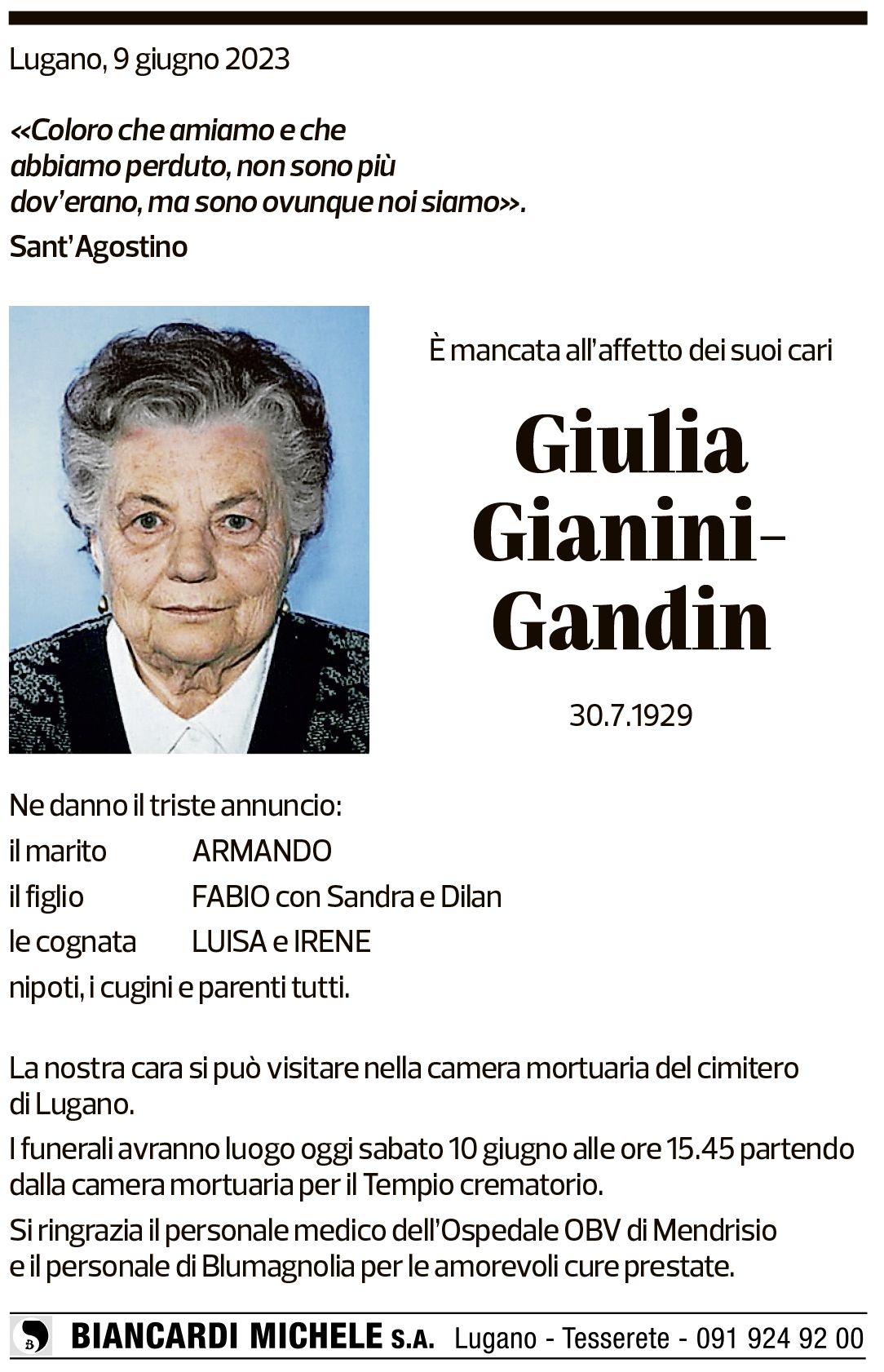 Annuncio funebre Giulia Gianini-gandin