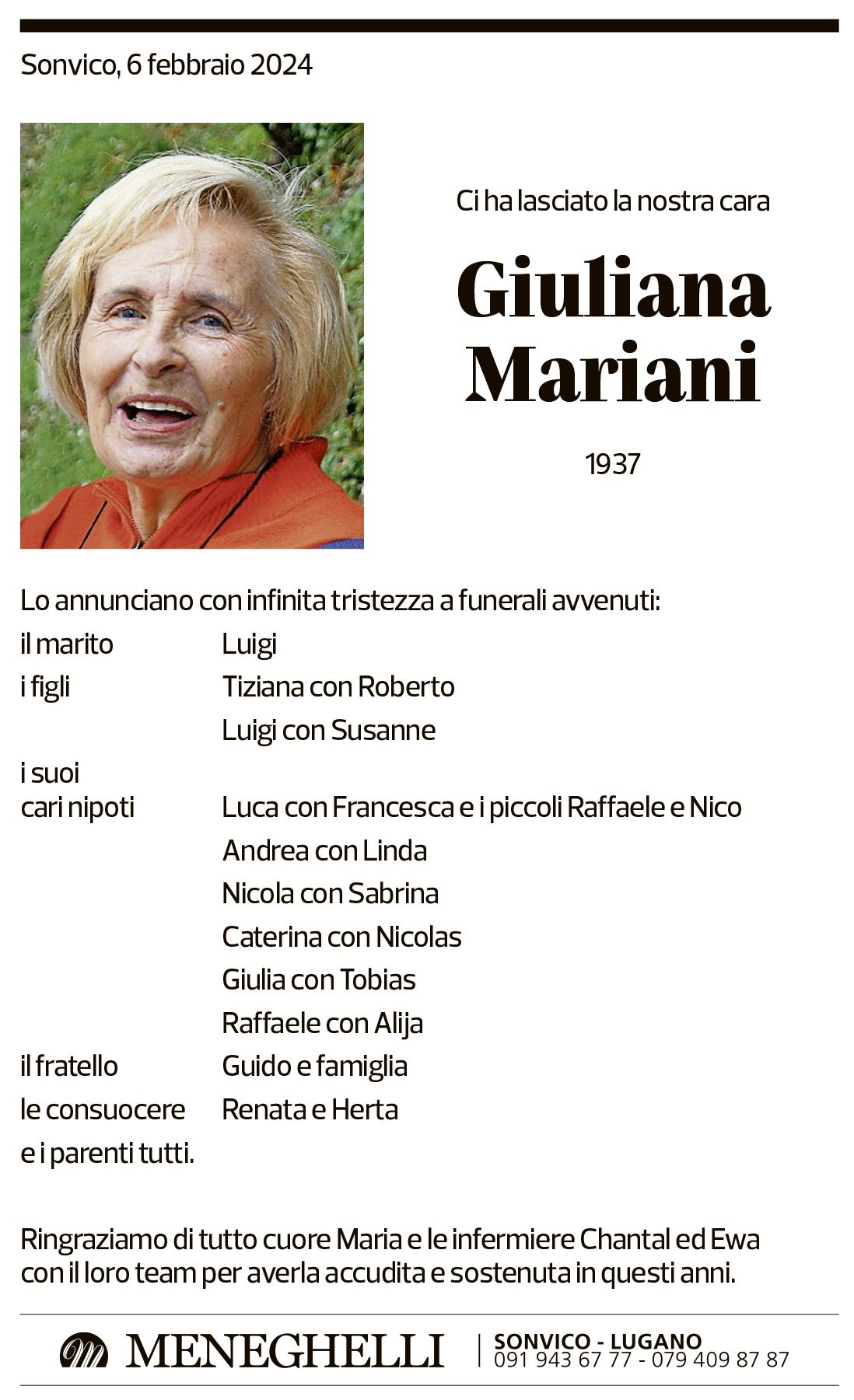 Annuncio funebre Giuliana Mariani