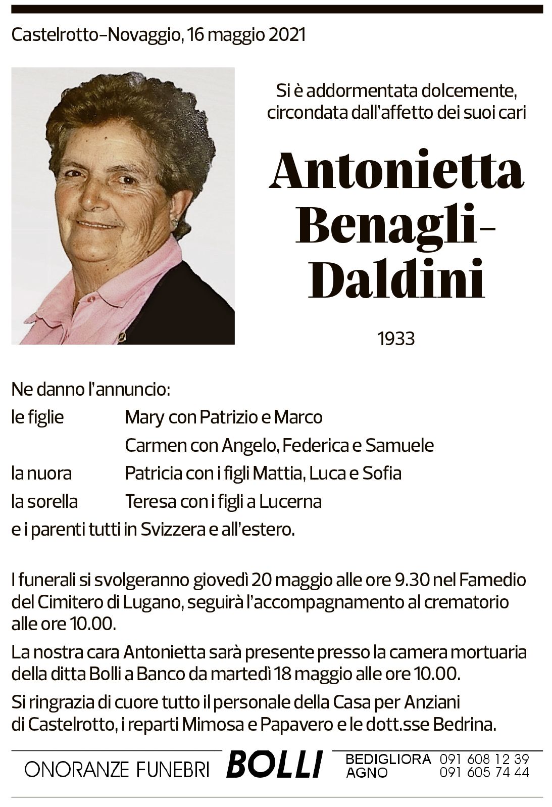 Annuncio funebre Antonietta Benagli-daldini