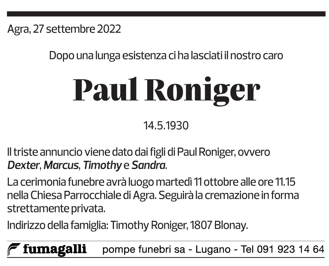 Annuncio funebre Paul Roniger