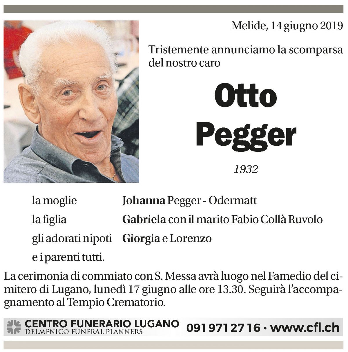 Annuncio funebre Otto Pegger