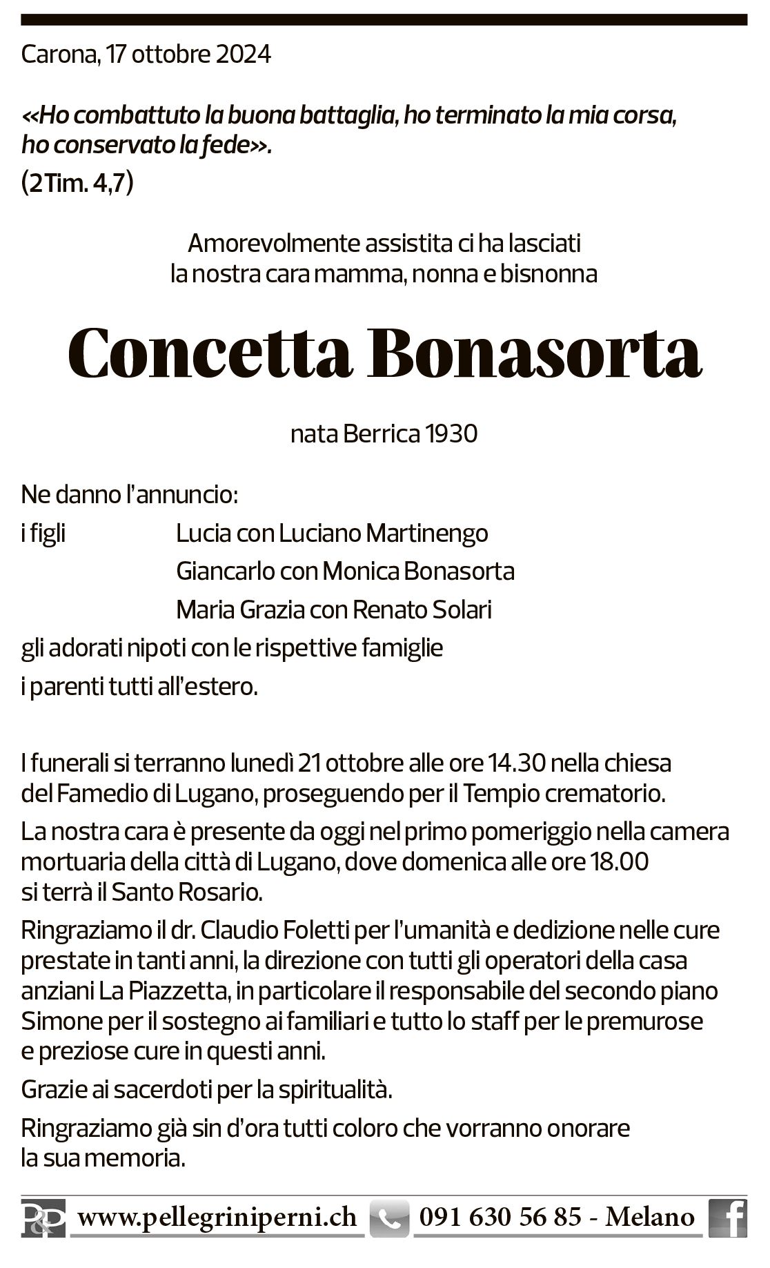 Annuncio funebre Concetta Bonasorta