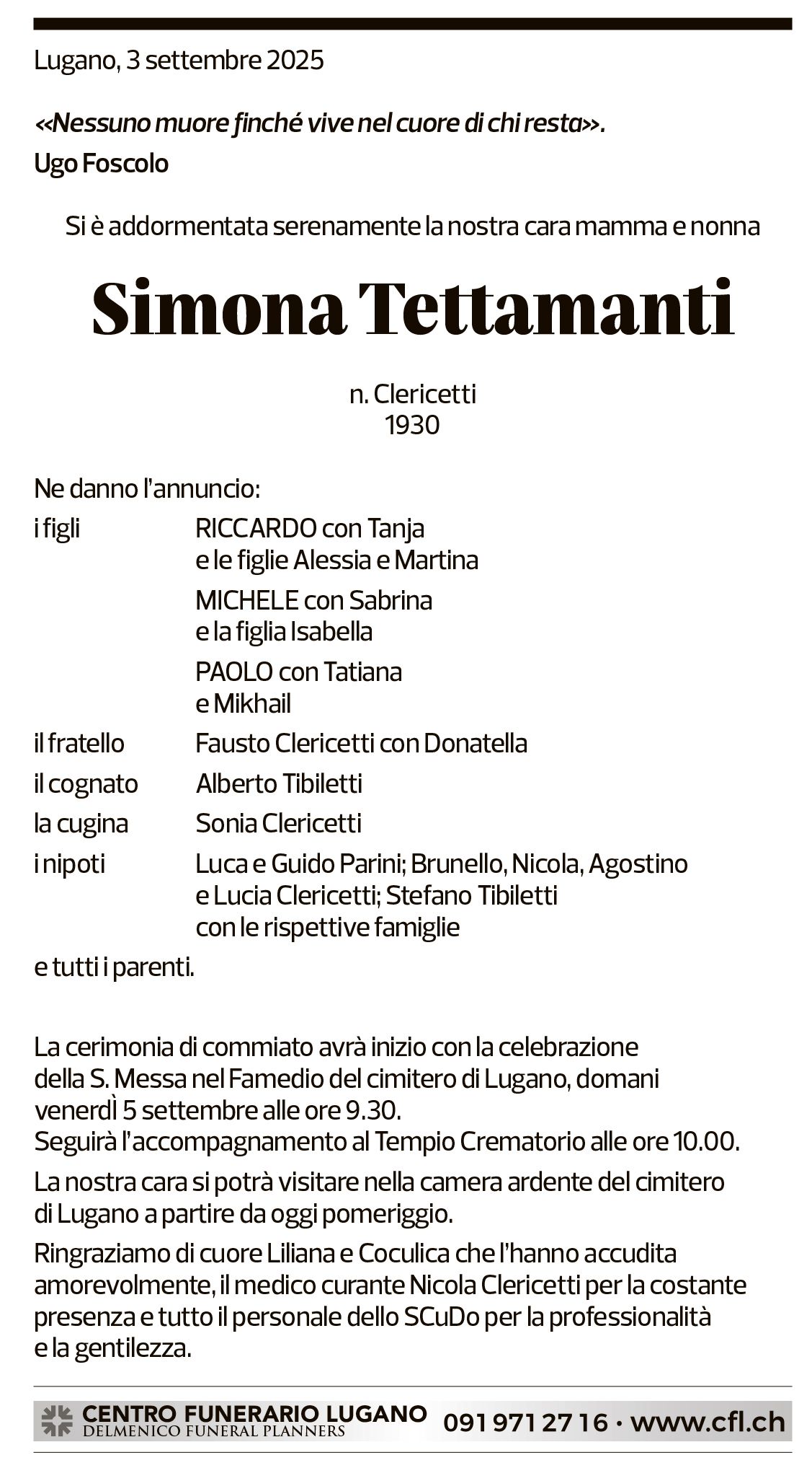 Annuncio funebre Simona Tettamenti