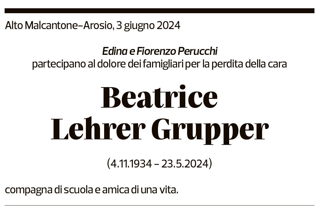 Annuncio funebre Beatrice Lehrer Grupper