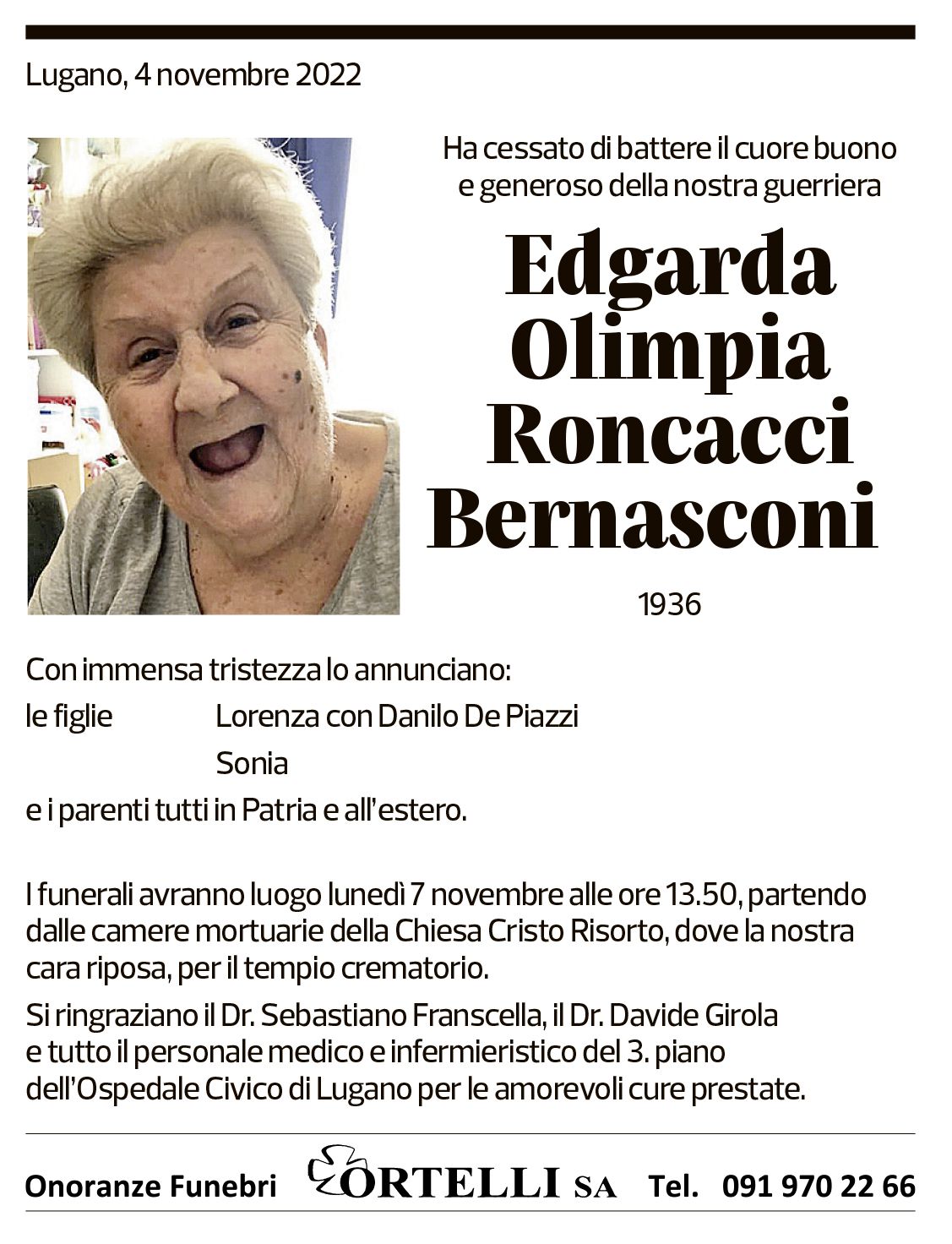 Annuncio funebre Edgarda Olimpia Roncacci Bernasconi