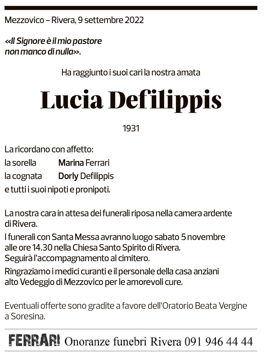 Annuncio funebre Lucia Defilippis