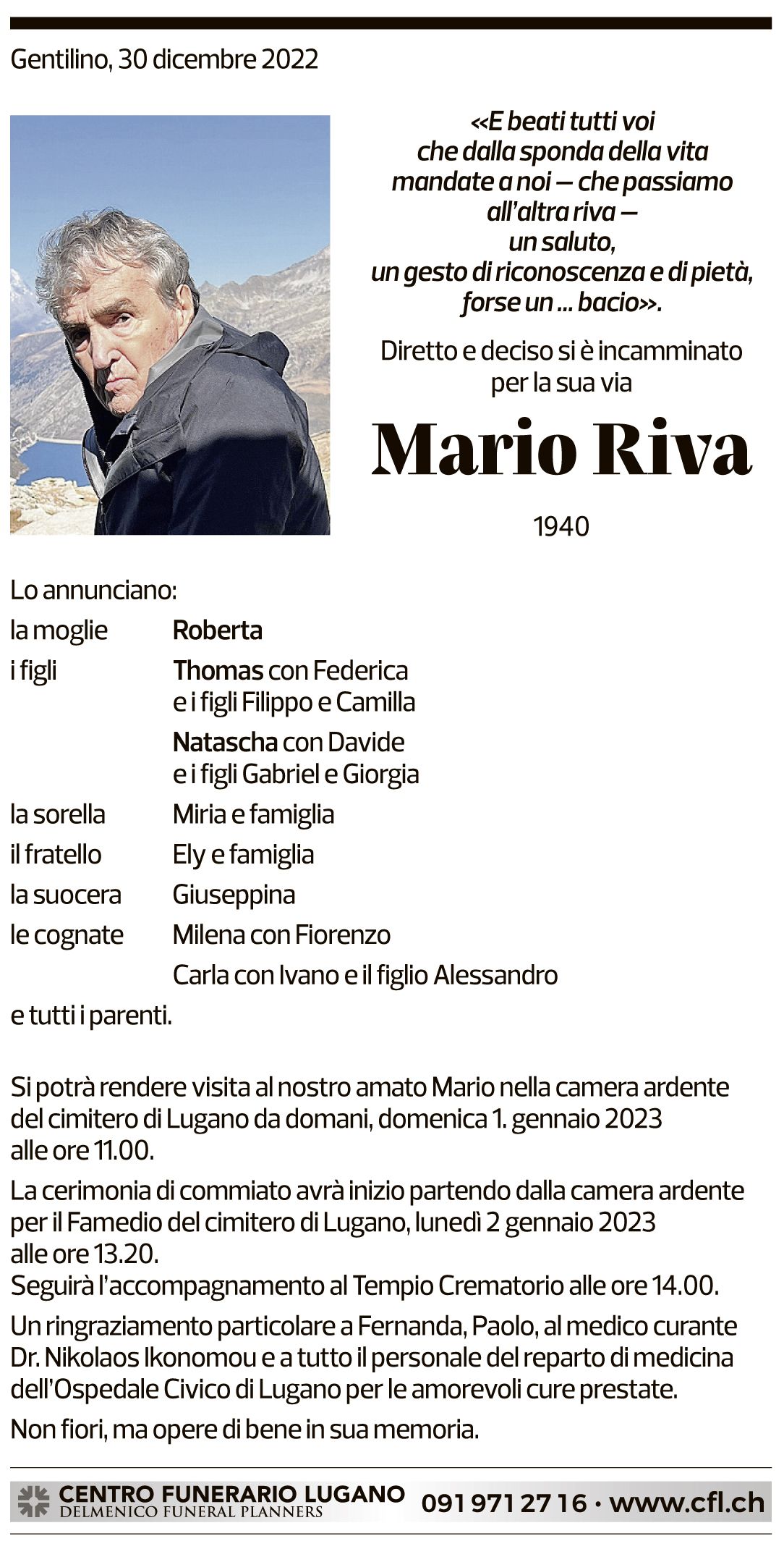 Annuncio funebre Mario Riva