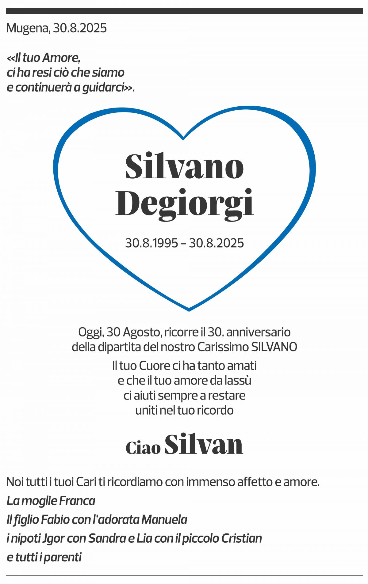 Annuncio funebre Silvano Degiorgi