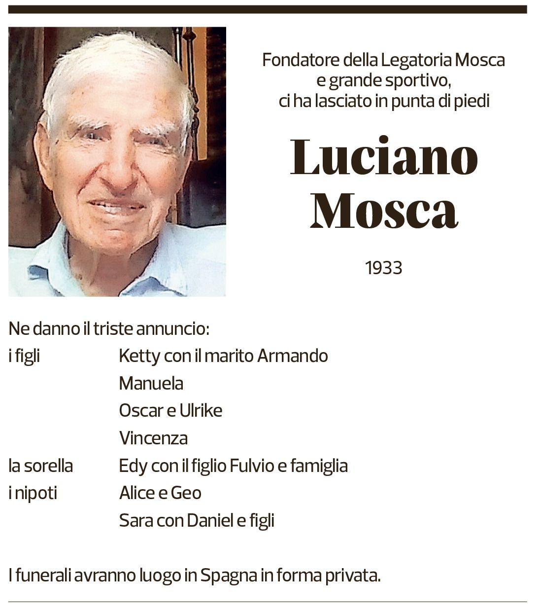 Annuncio funebre Luciano Mosca