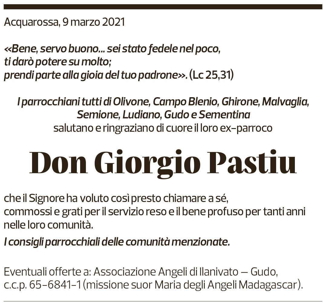 Annuncio funebre Giorgio Pastiu