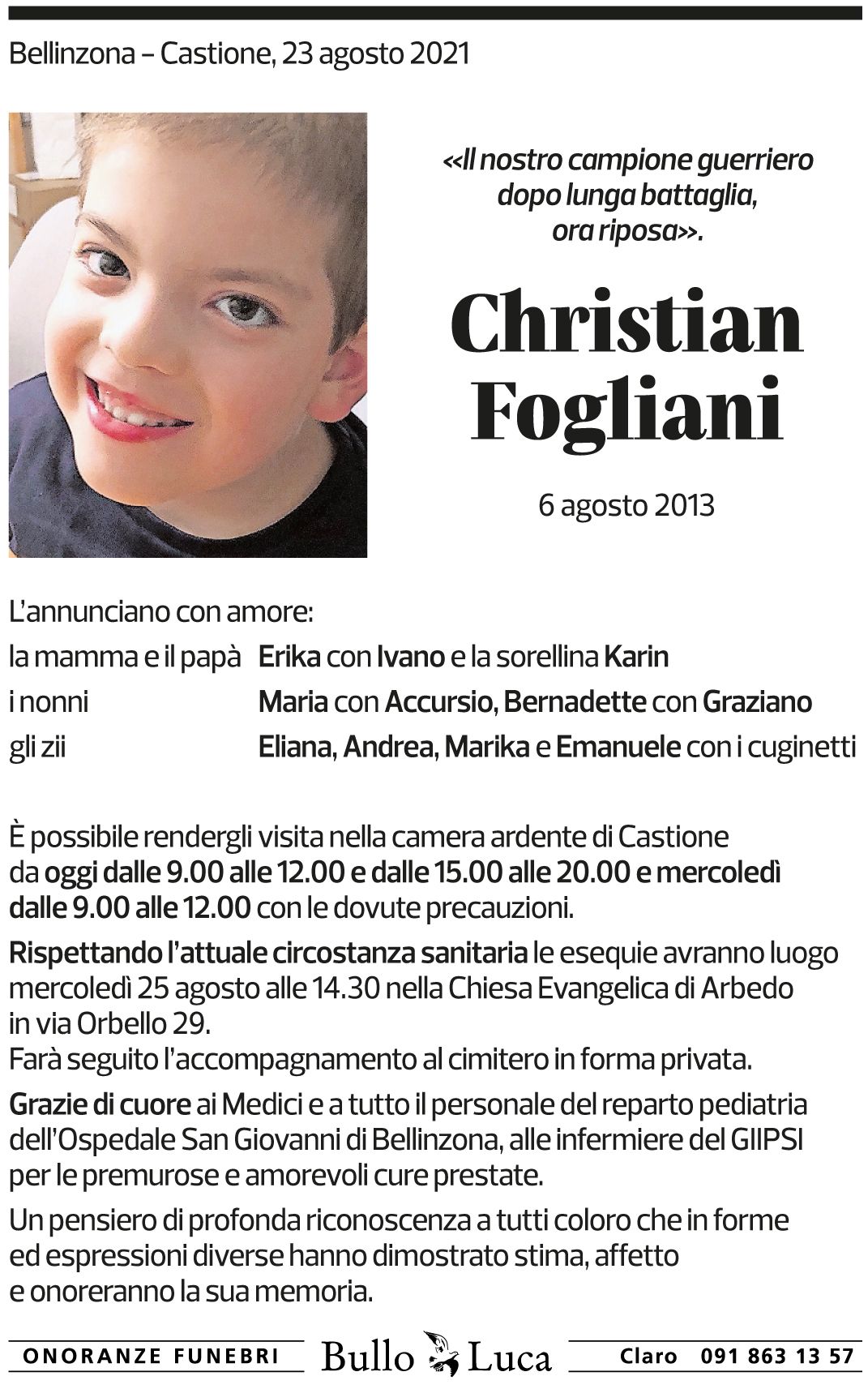 Annuncio funebre Christian Fogliani