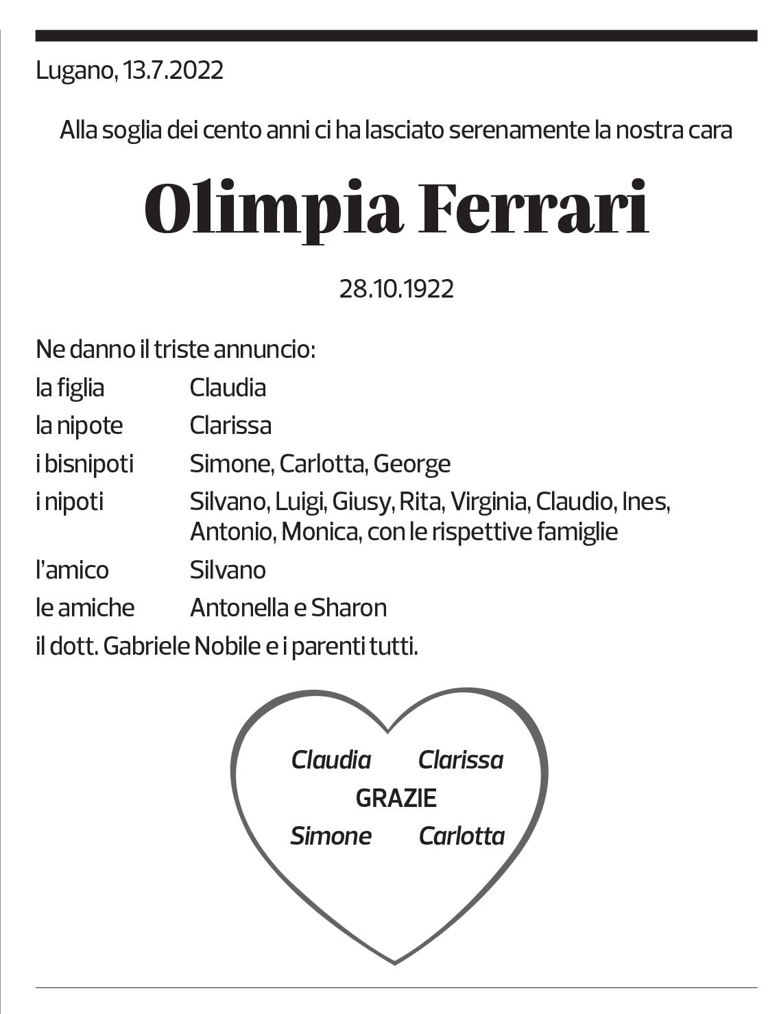 Annuncio funebre Olimpia Ferrari