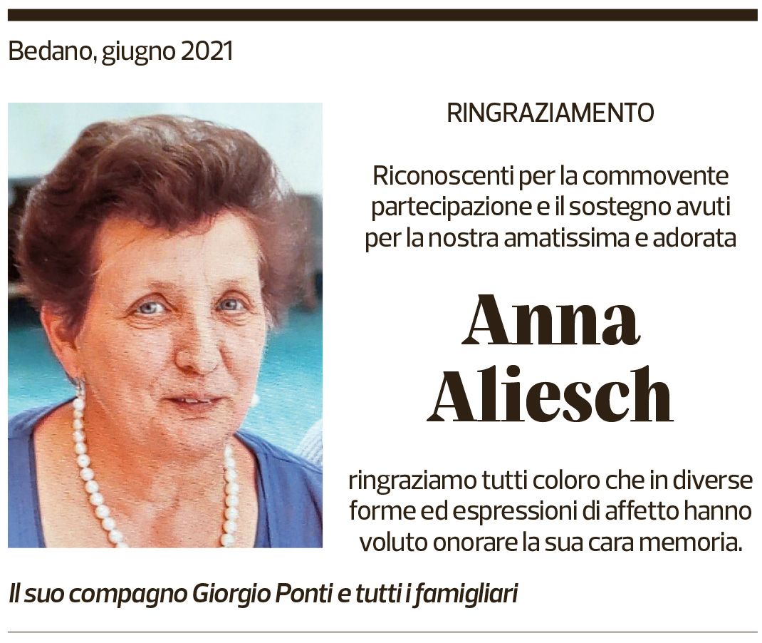 Annuncio funebre Anna Aliesh