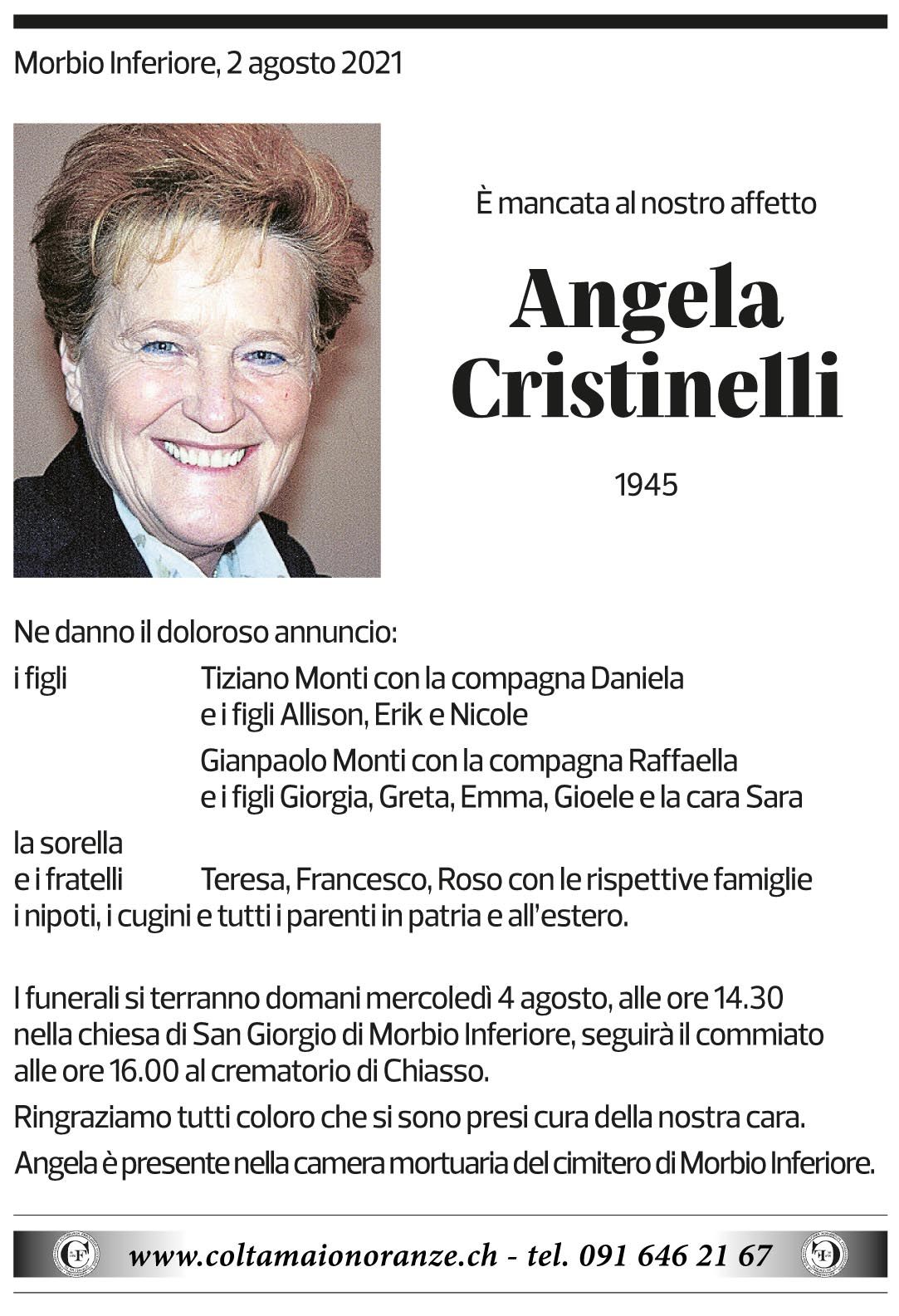 Annuncio funebre Angela Cristinelli