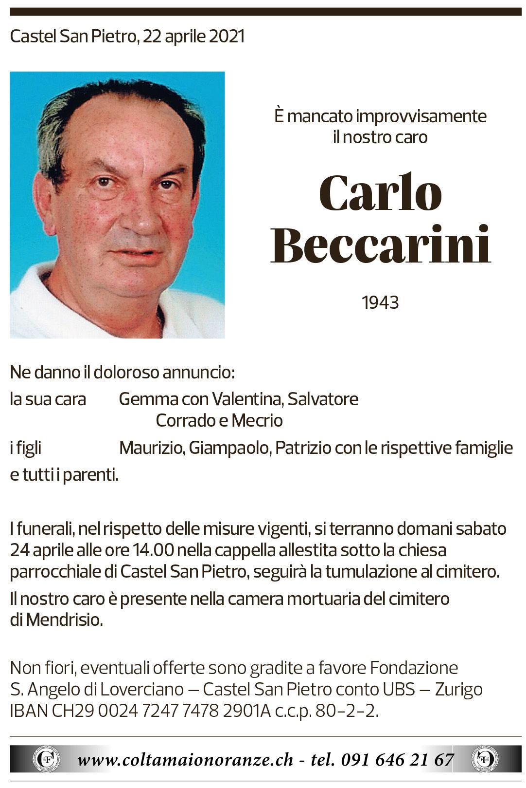 Annuncio funebre Carlo Beccarini