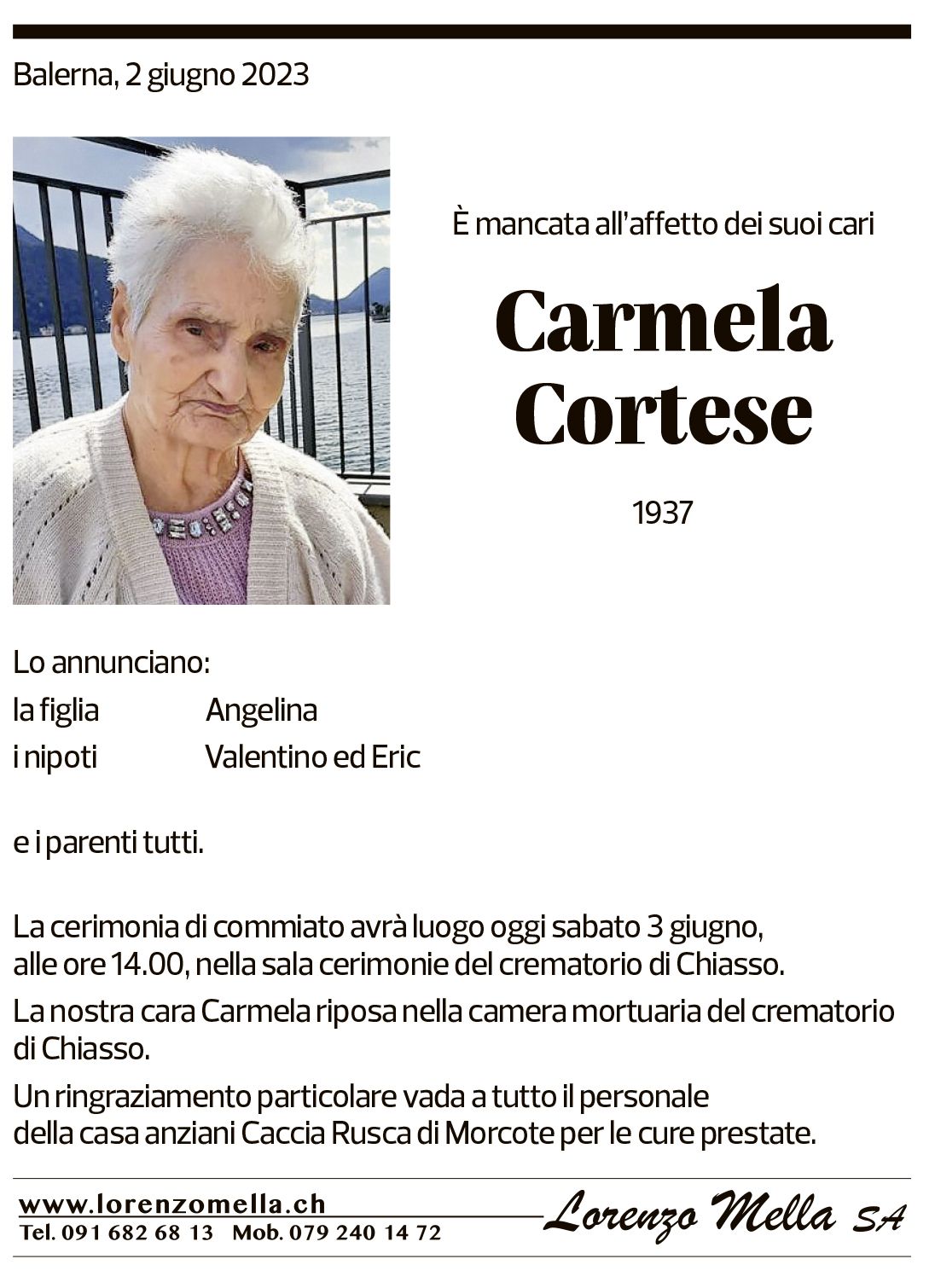Annuncio funebre Carmela Cortese