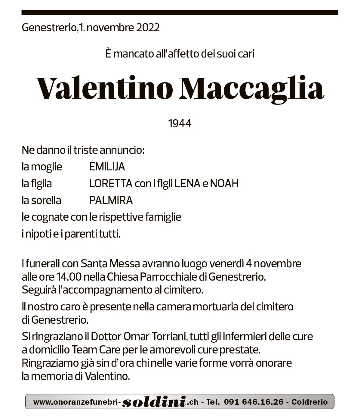 Annuncio funebre Valentino Maccaglia