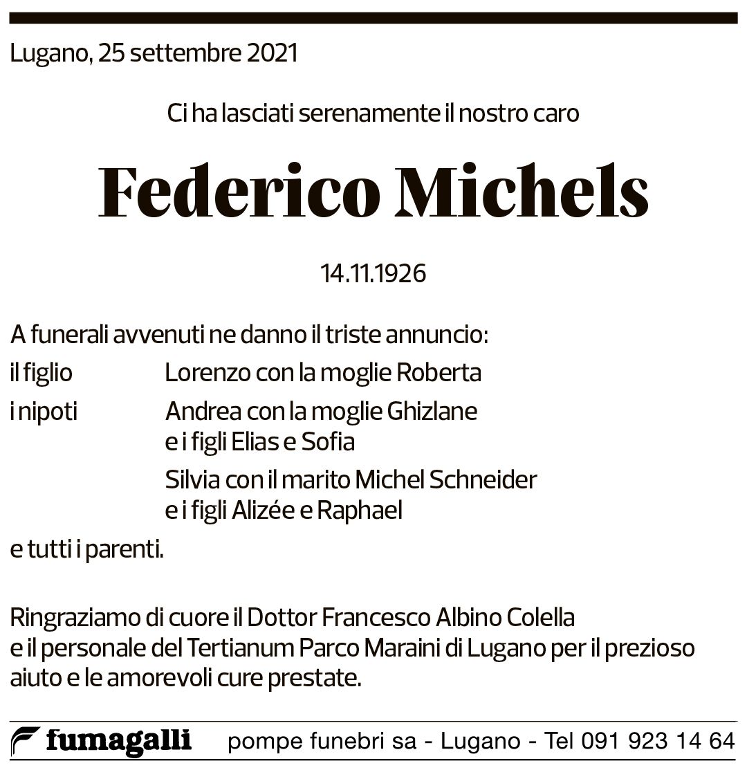 Annuncio funebre Federico Michels