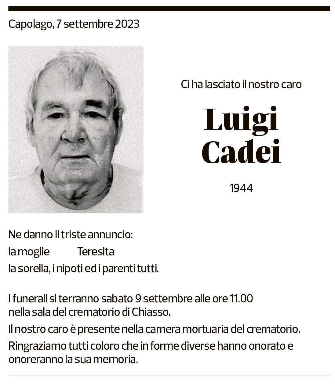 Annuncio funebre Luigi Cadei