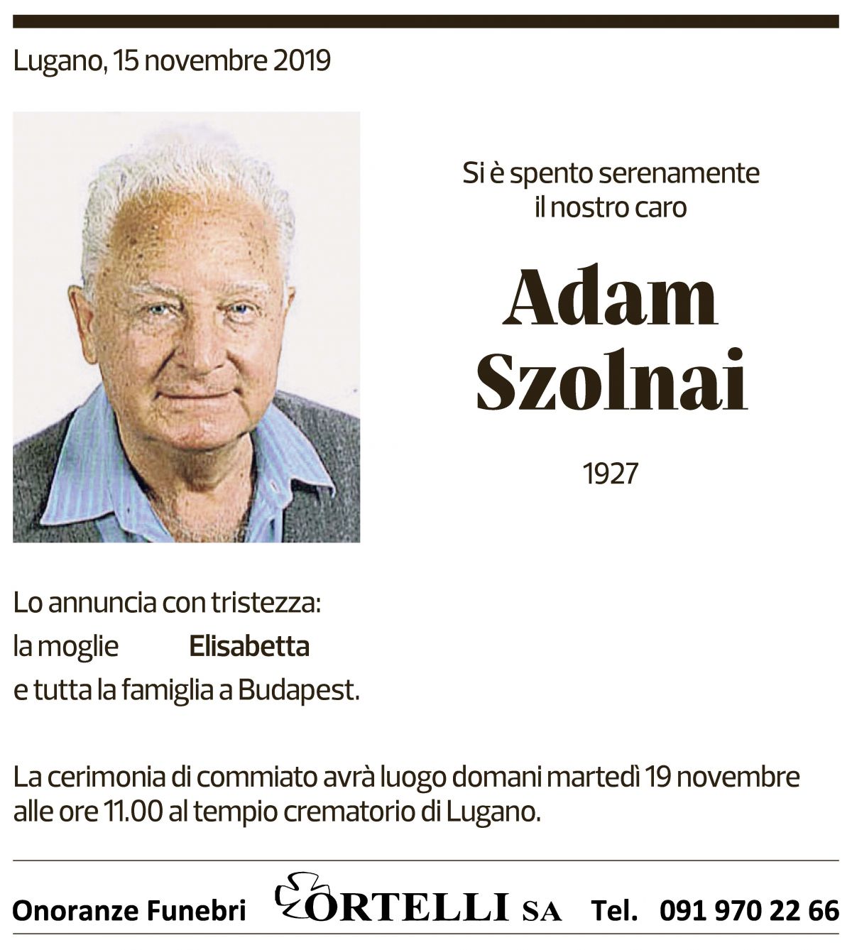 Annuncio funebre Adam Szolnai