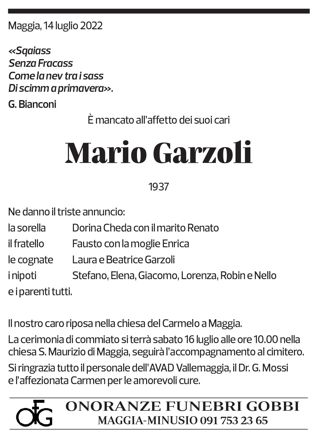 Annuncio funebre Mario Garzoli